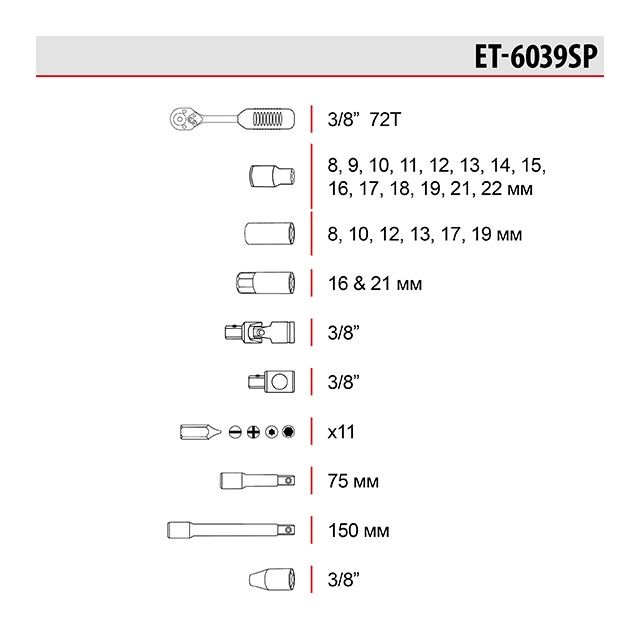 Набір інструментів 3/8" 39од. ЕТ-6039SP