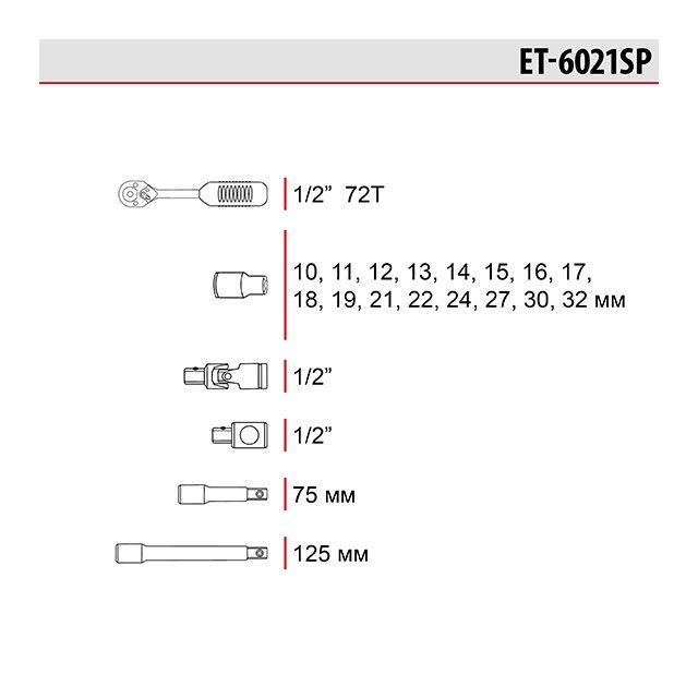 Набір інструментів 1/2" 21од. ЕТ-6021SP