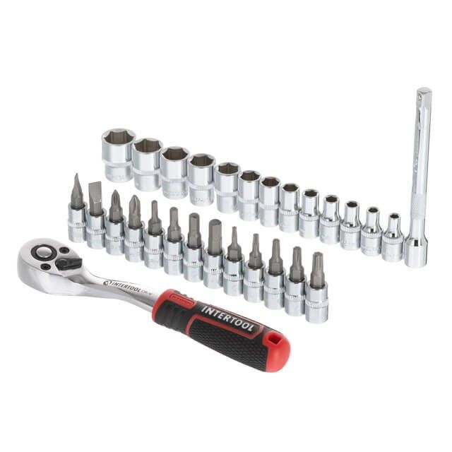 Набір головок 1/4"4-14мм TORX,PH,HEX,FDподовжувач,рукоятка з храповим механізмом 72 зуба,28 од STORM