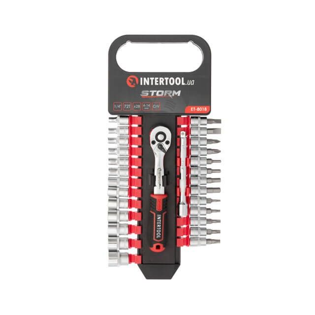 Набір головок 1/4"4-14мм TORX,PH,HEX,FDподовжувач,рукоятка з храповим механізмом 72 зуба,28 од STORM
