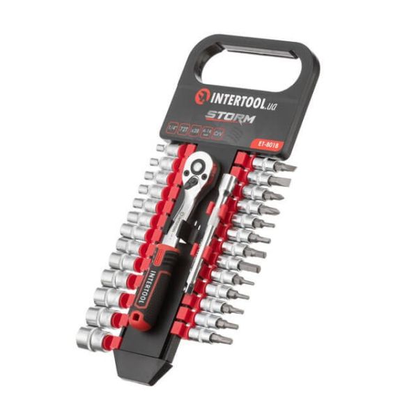 Набір головок 1/4"4-14мм TORX,PH,HEX,FDподовжувач,рукоятка з храповим механізмом 72 зуба,28 од STORM