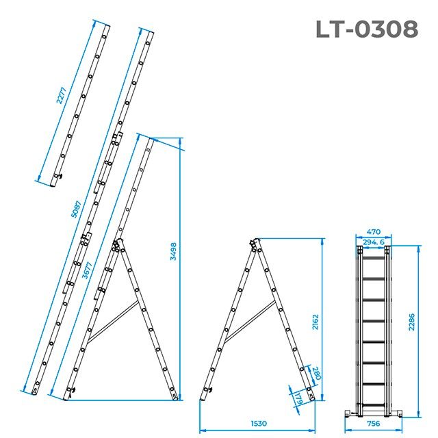 Драбина 3-х секційна універсальна алюм, 3*8сход,-5,09м LT-0308