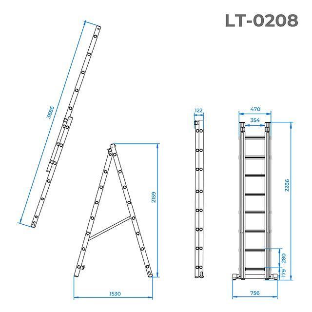 Драбина 2-х секційна універсальна алюм, 2*8сход,-3.69м LT-0208